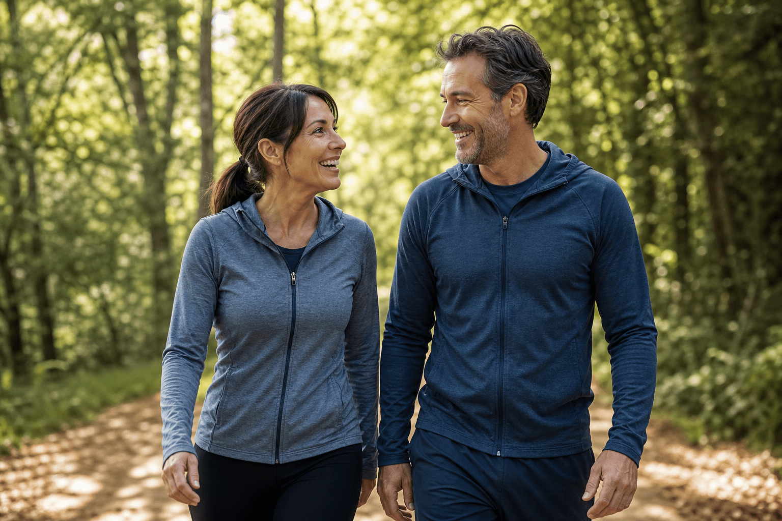 Couple in their 40s walking together on a nature trail